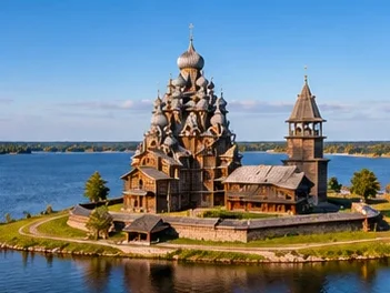 Деревянные церкви Кижского погоста на берегу Онежского озера
